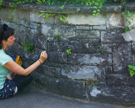 Frau zeichnet zu Pflanzen auf einer Mauer