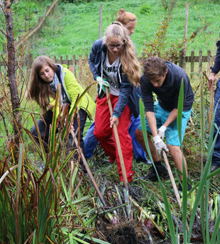 Jugendliche arbeiten an Teich